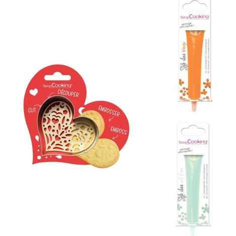 Kit pour biscuit en relief Coeur + 2 Stylos au chocolat orange et vert d'eau (1/3)
