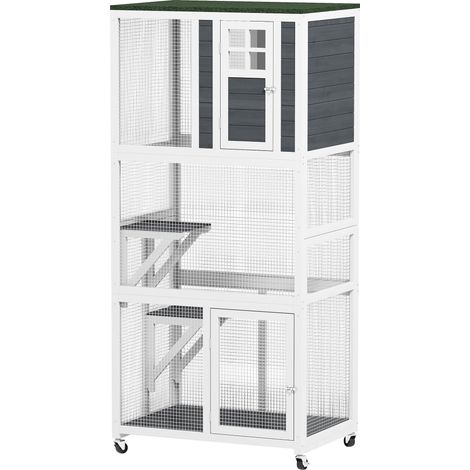 Wooden Catio Cat Outdoor Enclosure, Cat Cage Waterproof Roof, Platforms, for Multiple Cats, White (1/5)