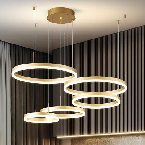 Moderne anneau chandelier LED cercle géométrique 5 anneaux lampes de plafond haut plafond foyer chandelier pour salon salle à manger chambre (1/5)