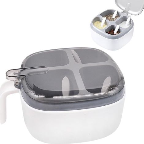 Boîte à épices avec couvercle et cuillère, boîte à épices à quatre compartiments avec poignée, idéale pour stocker du sucre, du sel, du poivre et d'autres épices dans la cuisine domestique