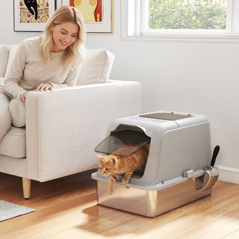 Bac à litière pour chat, toilettes pour chat avec couvercle, pelle à litière, entrée frontale et sortie par le haut, en acier inoxydable, jusqu'à 8 kg
