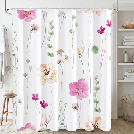 Rideau de douche fleurs aquarelle rose beige, tissu imperméable moderne minimaliste pour salle de bain, ensemble avec crochets 183x183 cm (1/5)