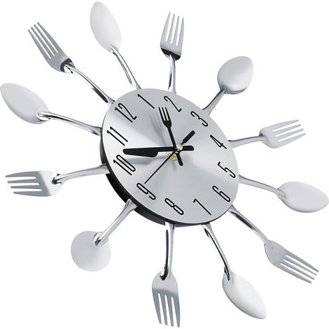 Horloge murale en acier inoxydable argentée représentant des couverts (couteau, fourchette, cuillère), pour la cuisine. Décoration de cuisine. (1/5)
