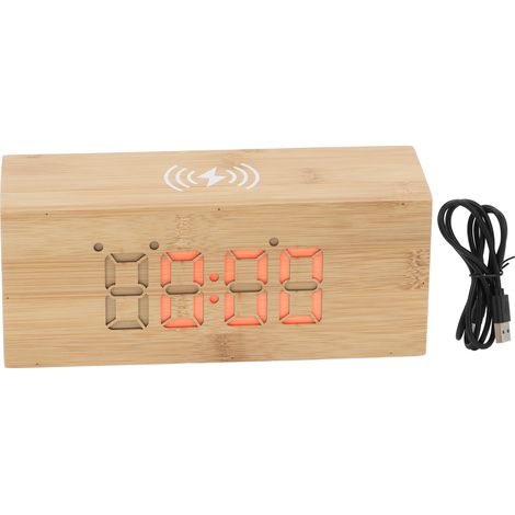 Multifunktionaler Wecker aus Holz mit Thermometer, kabellosem Ladegerät, digitaler LED-Uhr mit Datums- und Zeitanzeige für Schlafzimmer/Nachttisch (1/5)