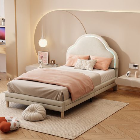 Letto imbottito in velluto beige 90x200 cm con testiera a nuvola e LED multicolore, rete a doghe inclusa (1/4)