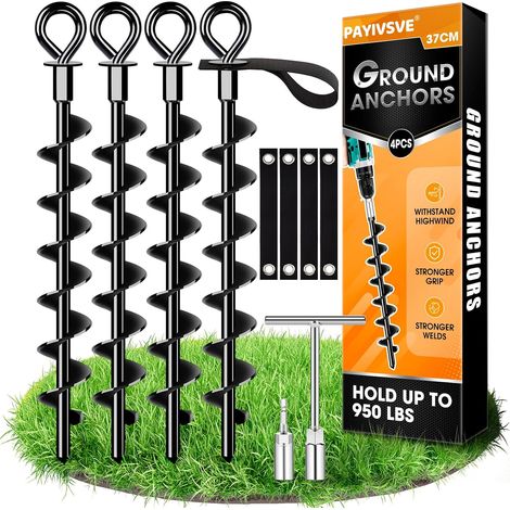 Ancrage au Sol 4 Jeux avec Sangles Trampoline Set pour Fixation sûre dans Le Sol, pour sécuriser Le Trampoline, l'auvent, la balançoire, etc (1/5)