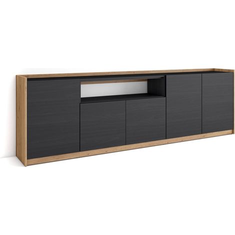 Skraut Home - Buffet salon et cuisine, Commode, 260x37x80cm, 5 Portes, Meuble chaussure, Noir et chêne (1/5)
