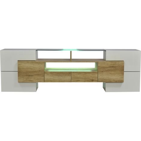 Mueble TV bajo 200 cm blanco brillo, efecto madera, LED y tablero de cristal MODENUIT (1/5)