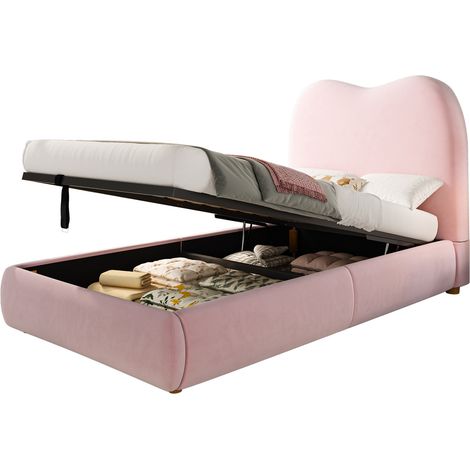 Kinderbett Einzelbett aus Samt mit Stauraum, 90 x 200 cm, ohne Matratze, Rosa