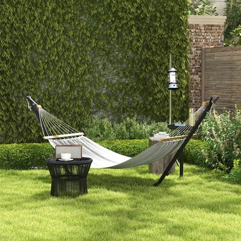 Support hamac métallique noir époxy avec porte-gobelet, résistant, taille 305 x 129 x 109 cm, capacité max 150 kg, hamac non fourni. (1/5)
