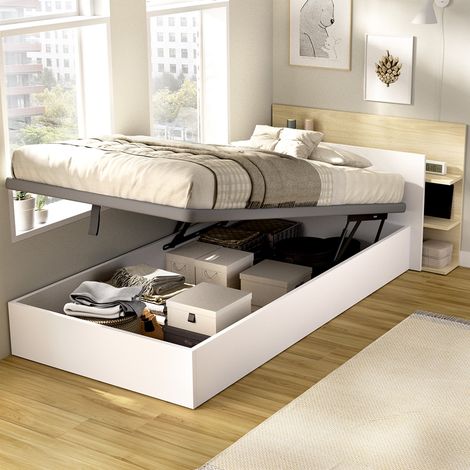 Cama Individual Montic, con Almacenaje, Colchón 90x190 cm, Cabecero Librería, Almacenaje Tapizado en Tela, Blanco