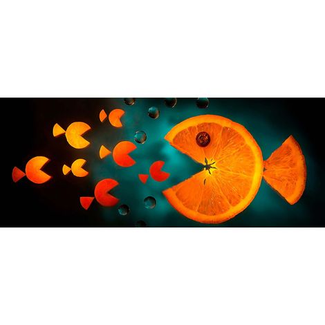 Tableau original fruit et légume | Tableau sur toile bleu et orange idéal pour cuisine | Tableau moderne multicolore pour salle à manger 1,0 x 0,4 m (1/2)