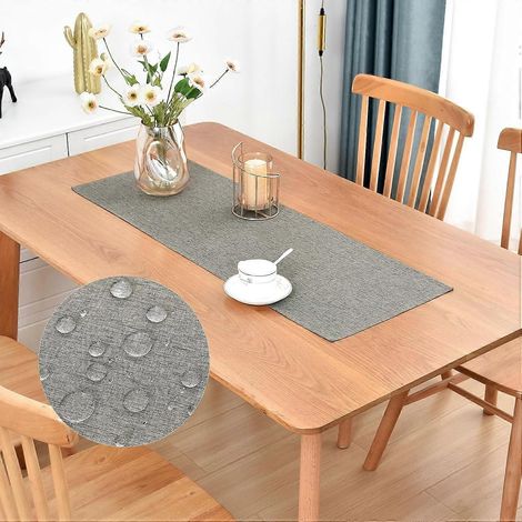 Chemin de table rustique style ferme, gris imitation lin, résistant à l'eau, court (91 cm), idéal pour salon, commode, chambre, cuisine ou salle à manger. (1/5)