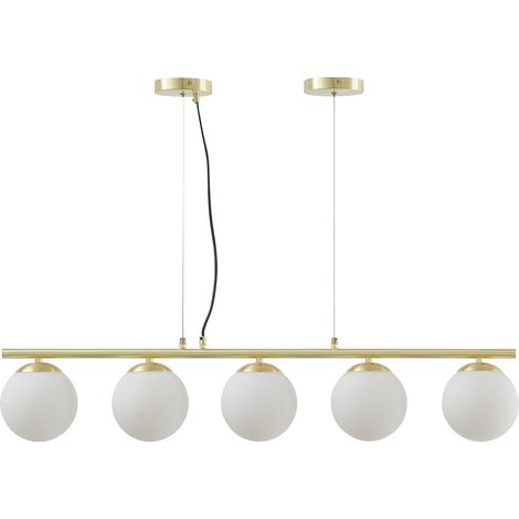 Lampadario in metallo e vetro bianco - 5 globi - L. 100 x H. 120 cm - Dorato - SOFIA