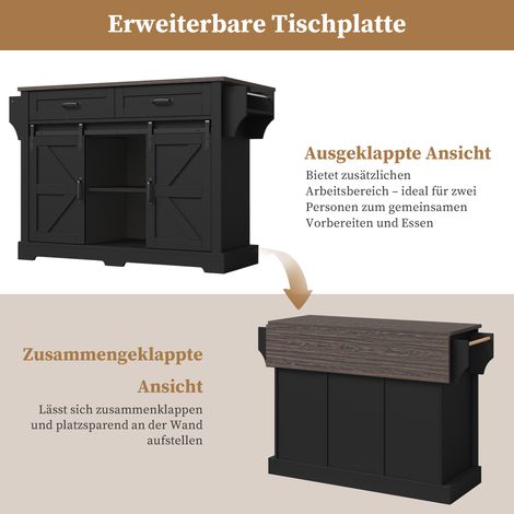 Îlot roulant de cuisine noir style grange, plan de travail rabattable, chariot sur roulettes, meuble avec 2 portes coulissantes et 2 tiroirs, armoire de rangement, 120×45(70)×91 cm