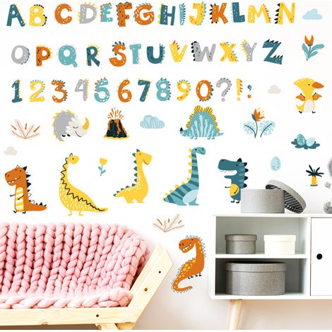 Autocollants ABC - Autocollants muraux animaux dinosaures - Autocollants lettres murales pour salle de classe