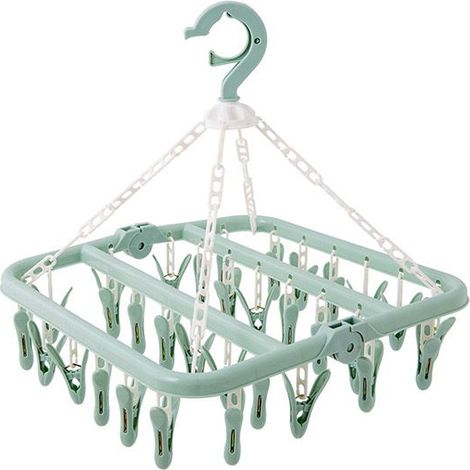 Tendedero plegable con 32 pinzas - Gancho giratorio - Resistente al viento - Porta calcetines - Tendedero - Ropa interior - Percha ahorradora de espacio - Verde