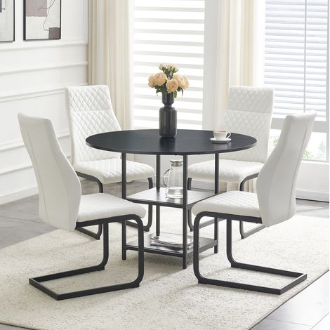 Ensemble table et chaises rondes 107 cm pour 4 personnes, double rangement, 4 chaises blanches à motif losange, MDF et métal style industriel – CHICFURN (1/5)