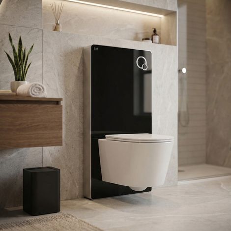 Glass WC-Set Vorwandelement mit Betätigungsplatte + Ceramia spülrandloses Wand-WC mit SoftClose-Sitz (STGLBCE14WT01-IN)