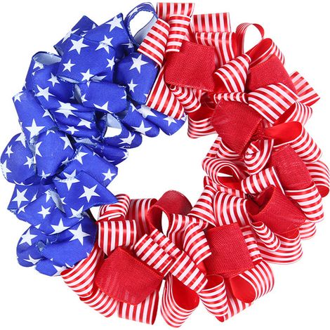 Guirlande Patriotique - Couronne Ronde Pour Porte D'Entrée - Décoration 4 Juillet - Tissu Rouge À Rayures Et Étoiles - 35 cm - 1 Pièce (1/5)
