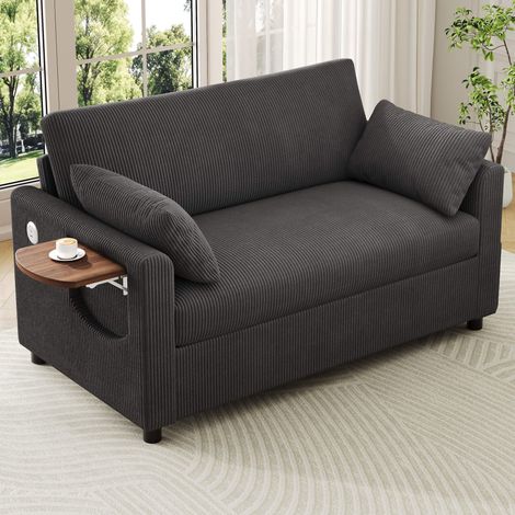 Canapé extensible 2 places avec port USB et table d'appoint pliante Canapé-lit avec 2 draps et 2 oreillers Velours côtelé Gris (1/5)