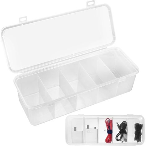 Boite Rangement Cable et Chargeur, Organisateur de Cable Bureau en Plastique Transparent avec Séparateurs Amovibles, Boîte de Rangement Chargeur avec Couvercles pour Cables Electrique (1/4)