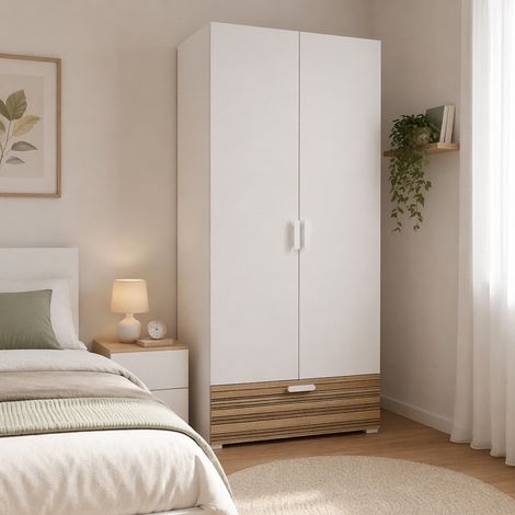 Armario de 2 Puertas Centaurea, Ropero Dormitorio Perchero, Hecho en Italia, 52.00x180.00h cm Blanco Roble Rayado (1/4)