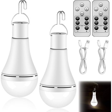 Lot de 2 ampoules avec batterie : 12 W - Rechargeable par USB - Avec crochet - Lumière d'urgence réglable avec 3 modes d'éclairage - Ampoule LED avec télécommande - Ampoule LED pour éclairage (1/5)