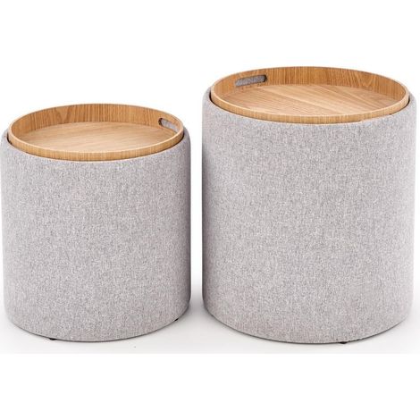 Ensemble de deux poufs avec coffre de rangement en tissu gris avec dessus aspect bois SEMIEL (1/5)