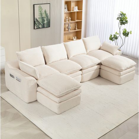 Divano modulare da 4 posti in velluto a coste (panno) con 2 pouf, cuscini e 2 tasche laterali, beige, 335x167x85 cm (1/5)
