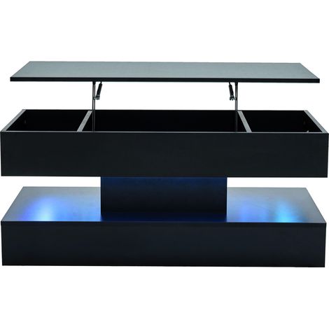 Tavolino da salotto nero elevabile con LED, vano nascosto e prese, 100 x 50 x 42 cm (1/5)