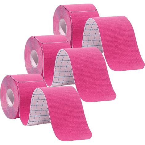 Bande adhésive prédécoupée pour le sport, à utiliser sur les muscles, les chevilles, le cou, les genoux et les épaules, pour un soutien optimal. 3 rouleaux de bande prédécoupée (rose). (1/5)
