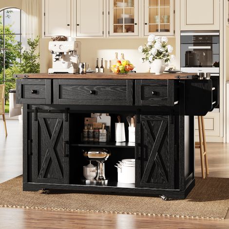 Îlot de cuisine 120.2x45.3/75x91.5 cm noir en MDF avec plateau rabattable et prise intégrée (1/5)