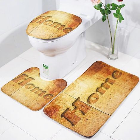 Ensemble de trois tapis de bain antidérapants avec coussin et housse de toilette imprimés sur panneau de bois rétro. (1/2)