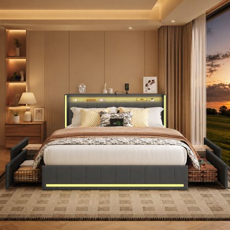 Lit capitonné 180 x 200 cm avec tête de lit LED, lit double, avec fonction de charge USB et sommier à lattes, 4 tiroirs pratiques de Rangement, lit 2 Personne pour Adultes et Adolescents, Lin, Gris