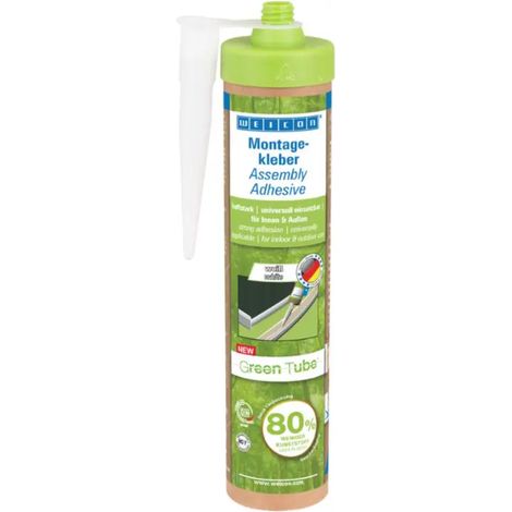 Colle de montage Weicon en tube vert 280 ml, colle acrylique blanche, forte adhérence initiale, pour bois, PVC, polystyrène, mousse PU, carrelage et métal sur supports absorbants, pour usage intérieur (1/3)