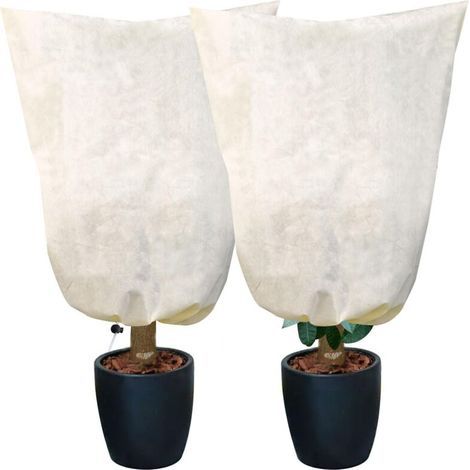 Lot de 2 grandes housses de protection hivernale pour plantes en pot - 80 x 100 cm - Indéchirables et respirantes - Beige - Avec cordon de serrage - Protection contre le gel pour plantes en pot