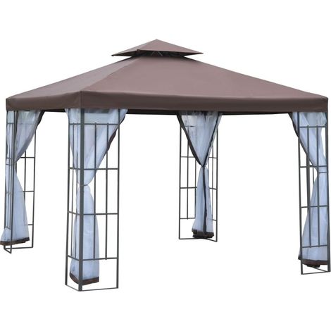 Pavillon 3×3m couleur café cadre acier double toit avec moustiquaires, abri pratique pour terrasse et jardin