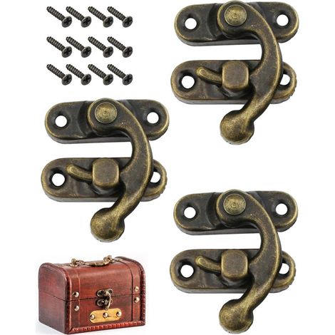 3 Pcs fermoir, crochet antique, bronze, 33x28mm, vis incluses, pour meubles, boîtes à bijoux, coffres en bois