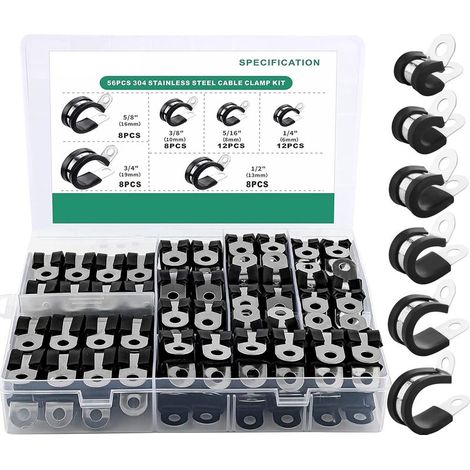 Kit assortimento di 68 fermacavi, 7 misure, in acciaio inossidabile rivestito in gomma, fermacavi imbottiti e isolati - Fermacavi per fili, fermacavi per tubi e condotte (1/5)