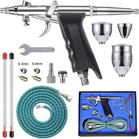 Dual Action Airbrush Kit – Airbrush with 0.3/0.5/0.8 mm Needles and 2/5/13 ml Color Cups, Tool for Painting, Nail Art and Modeling Blue (1/5)