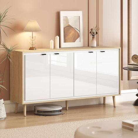 Credenza lucida, mobile contenitore con 4 ante, ripiani regolabili, 141 x 35 x 77 cm, bianco e rovere (1/5)