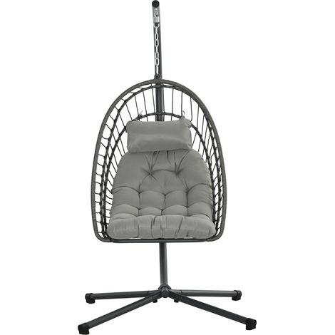 Fauteuil Suspendu en Rotin PE avec Coussin, Siège Pliable et Structure en Acier, Gris (1/5)