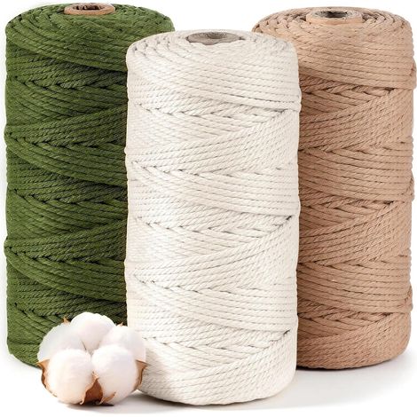 Cordón de macramé de 3 mm, hilo de macramé de 300 m, cuerda de algodón de 4 cabos, 3 rollos de cordel de algodón para Navidad, bodas, tejido, tapices, colgadores de plantas y manualidades (beige, verd
