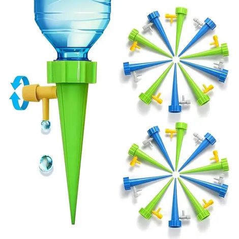 (Vert - 18 pièces) Système d'irrigation goutte à goutte automatique réglable pour bouteilles d'eau, avec goutteur intégré, pour plantes d'intérieur et serres. (1/5)