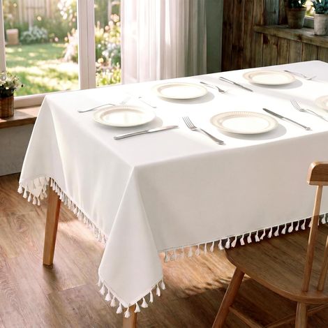 Nappe Lavable et Imperméable, 140x220cm Nappe Anti Tache Rectangulaire avec Effet Lotus et Frange pour Cuisine Salle à Manger, Exterieur Jardin, Noel, Fête, Mariage Maison (Blanc Crème) (1/5)