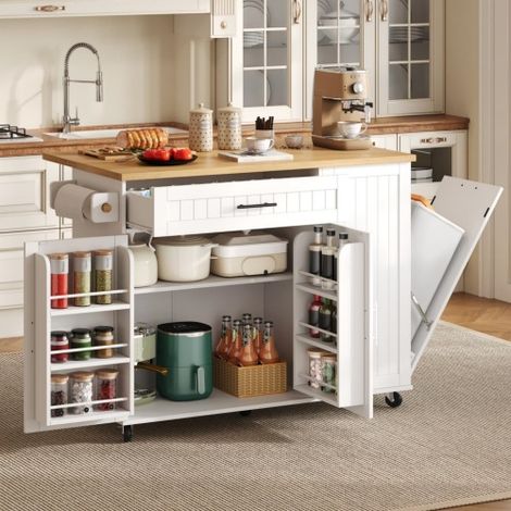 Isola cucina mobile con piano di lavoro pieghevole, carrello, armadietto contenitore, mobiletto per pattumiera, ripiano sopra l'anta, ruote bloccabili, 130 × 45 (70) × 93 cm. (1/5)