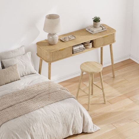 Console de style Mid‑Century – Finition aspect chêne – Tiroirs + compartiment ouvert – Pieds bois massif – Sans tabouret – Idéal pour salon, entrée et couloir – 120×35×77,6 cm (1/5)