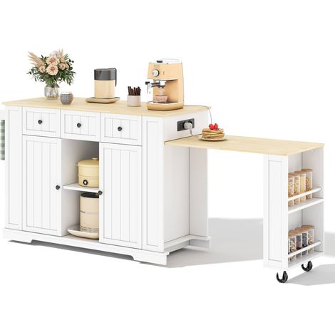 CHICFURN Îlot de cuisine mobile avec table escamotable, 2 prises EU et 2 ports USB, 2 portes, 2 tiroirs, 5 roulettes, MDF blanc et effet bois clair pour petits espaces (1/5)