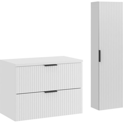 Set da bagno NOXERA 80 cm – Mobile sottolavabo sospeso bianco alpino opaco con piano per lavabo e colonna murale